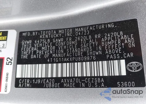 2023 Toyota Camry Se из США, поврежденный, VIN 4T1G11AKXPU809876